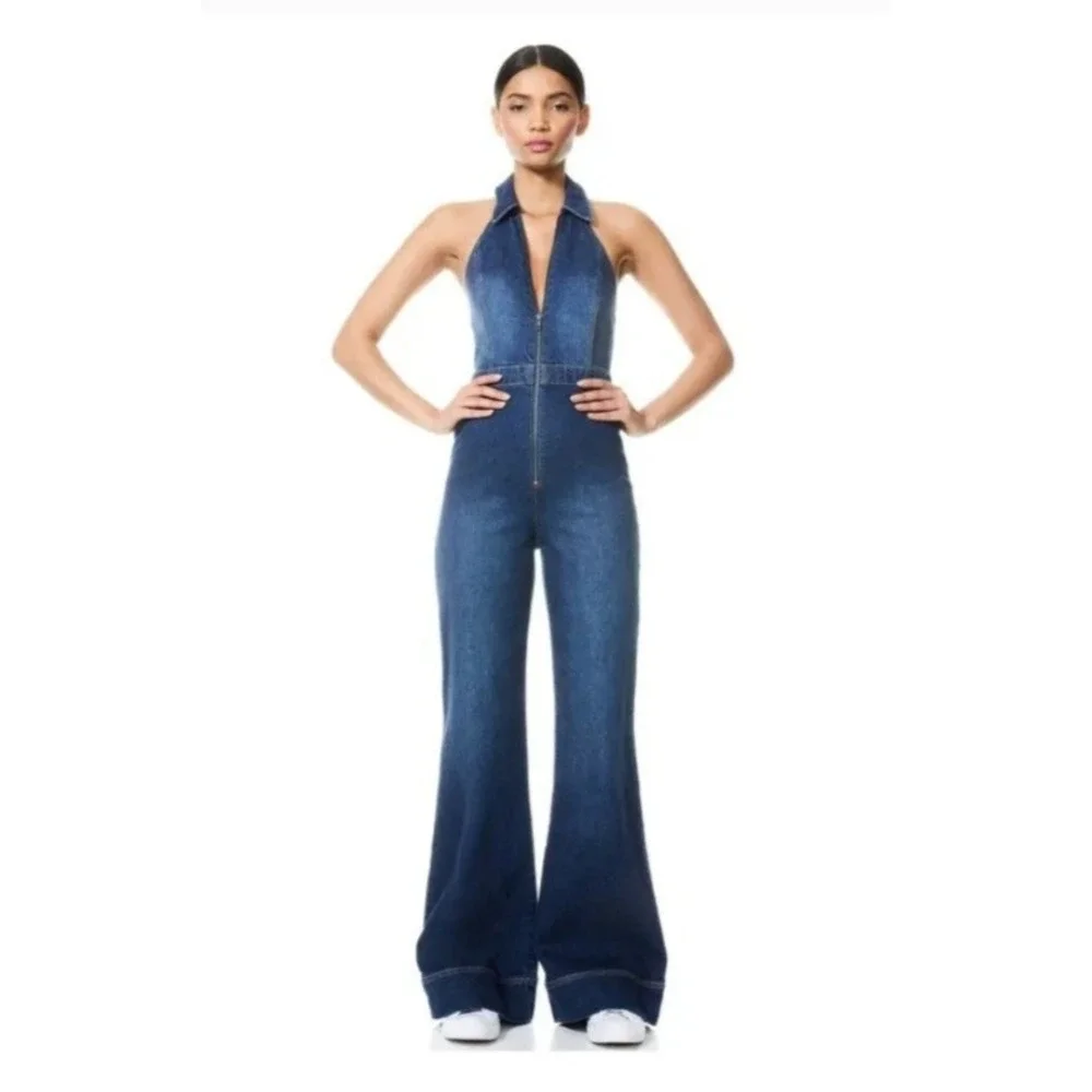 Alice + Olivia Jeans Jumpsuit Size 24 Denim Dark Halter Neck Full Zip Flare - Picture 3 of 14